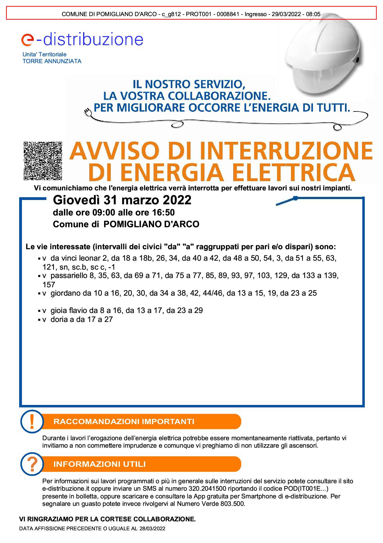 Avviso interruzione energia elettrica 31.03.2022