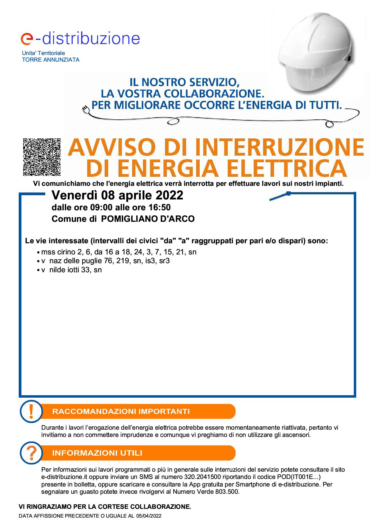 Avviso interruzione di energia elettrica per il giorno 08/04/2022