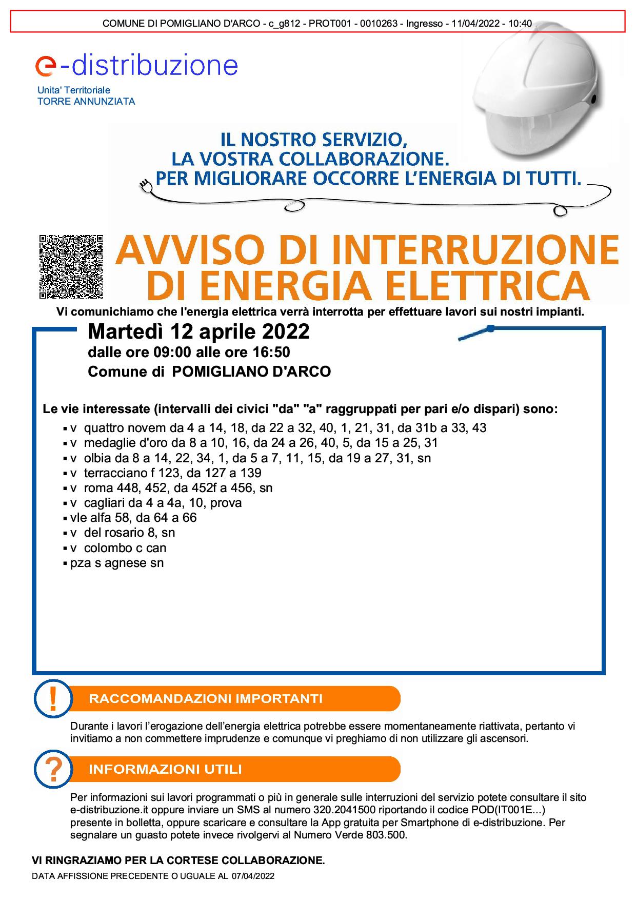 Avviso interruzione di energia elettrica per il giorno 12 aprile 2022