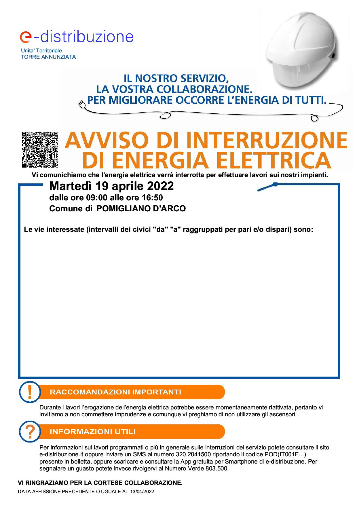 Avviso interruzione di energia elettrica 19.04.2022 2